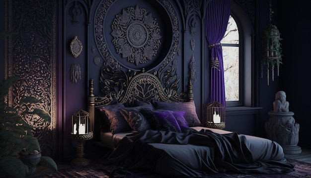 paarse en zwarte slaapkamer met een groot bed en een paarse gordijn generatieve ai