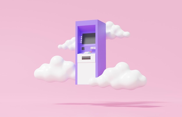 Paarse geldautomaat automatische storting machine pictogram drijvende wolken op roze achtergrond koers uitwisseling geldoverdracht rekening concept cartoon minimale 3d render illustratie
