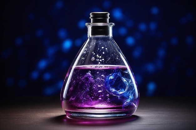 Foto paarse glazen kolf in blauwe onderzoek scheikunde wetenschap banner laboratorium achtergrond