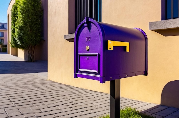 Foto paarse houten brievenbus in een woninggebouw buiten moderne genummerde brievenbussen buiten