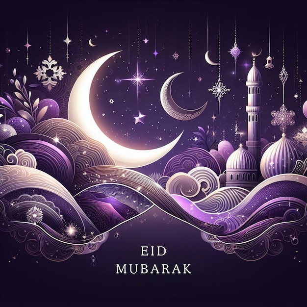 paarse islamitische feest Eid Mubarak groetkaart met halve maan moskee