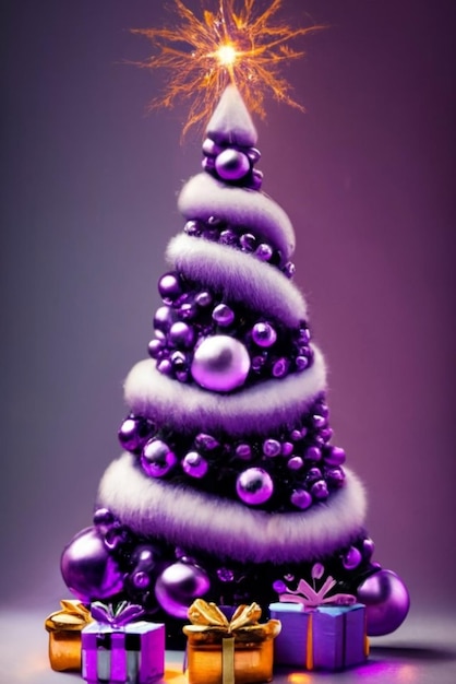 paarse kerstboom met ornamenten voor religieuze viering op een paarse achtergrond