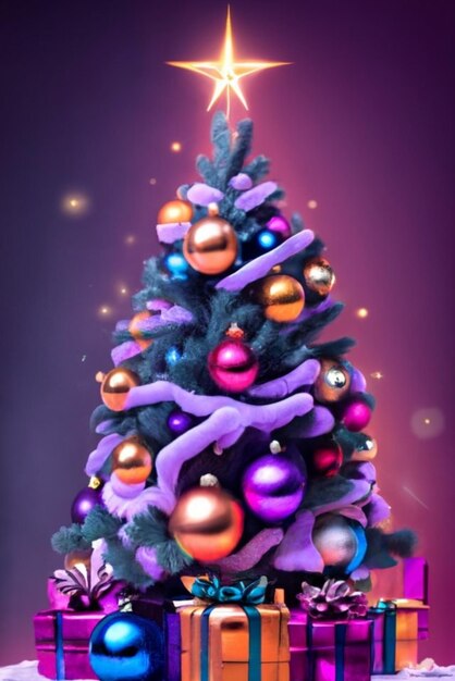 paarse kerstboom met ornamenten voor religieuze viering op een paarse achtergrond