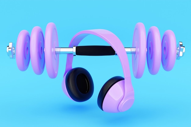 Paarse klassieke draadloze hoofdtelefoons en dumbell geïsoleerde 3D-rendering Hoofdtelefoon pictogram illustratie Sportuitrusting