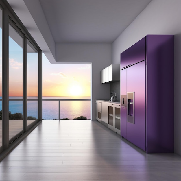 paarse koelkast in een witte kamer met uitzicht op de oceaan, generatieve ai