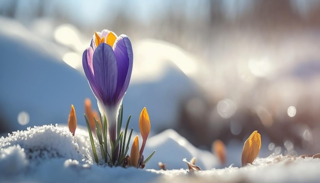 Paarse krokus lentebloem groeit in de sneeuw