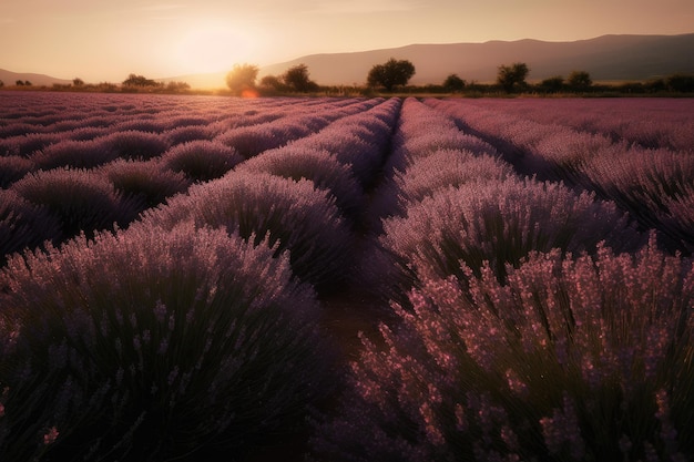 Paarse lavendelveld onder de ondergaande zon bijen tussen bloemen en houten hek generatieve IA