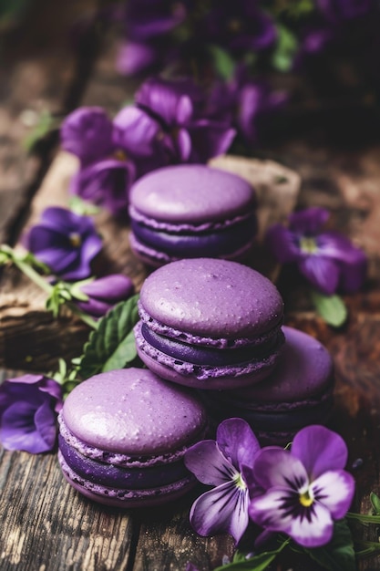 Paarse macarons met roomvulling op een rustieke houten tafel met lila bloemen