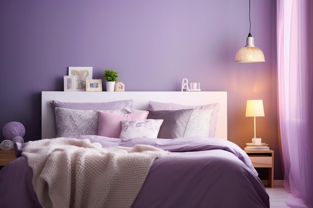 Paarse muren en paarse accenten in een generatieve slaapkamer AI