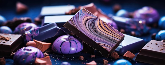 Paarse of blauwe chocoladerepen met chocoladendoos De beste collectie cacao