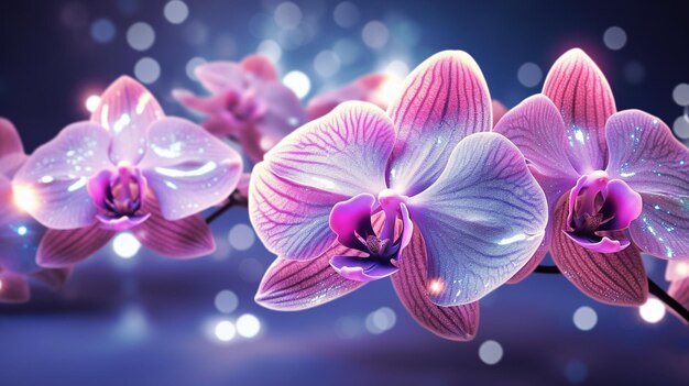 Paarse orchideeën met waterdruppels op een blauwe achtergrond