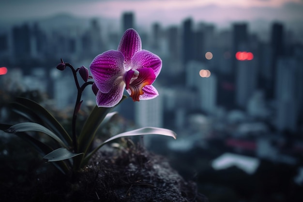 Paarse orchideeën op een rots voor een stadsgezicht
