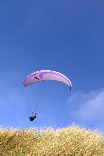 Paarse paraglider die over gras verticaal gaat