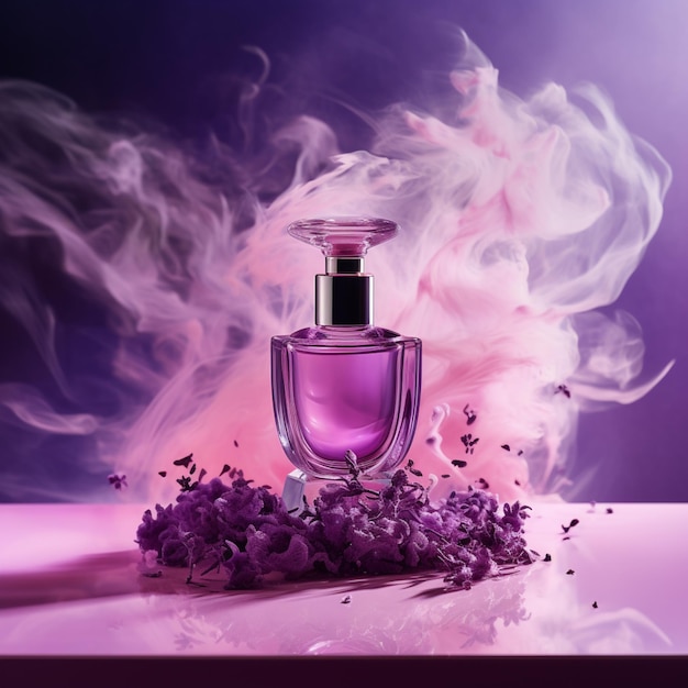 paarse parfumfles met rook en bloemen op een roze oppervlak generatieve ai
