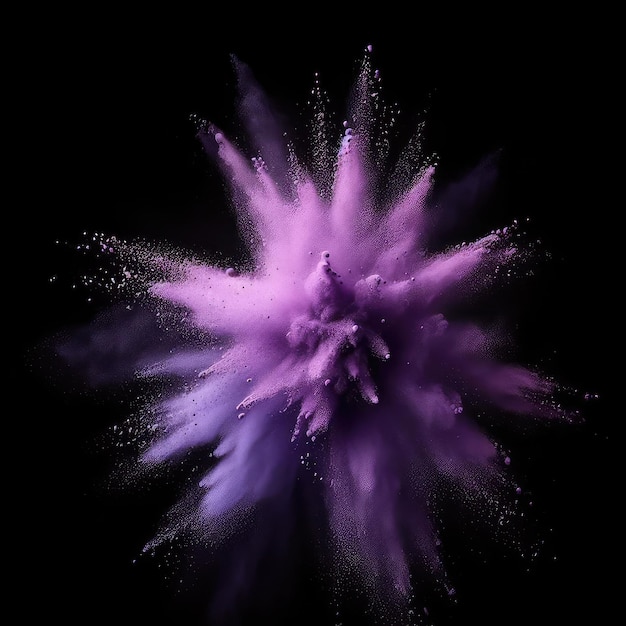 Foto paarse poederkleur explosie en spat geïsoleerd op zwarte achtergrond