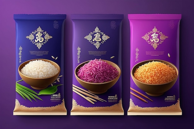 paarse rijstpakket Thailand voedsel logo producten en stof achtergrond Thaise kunst