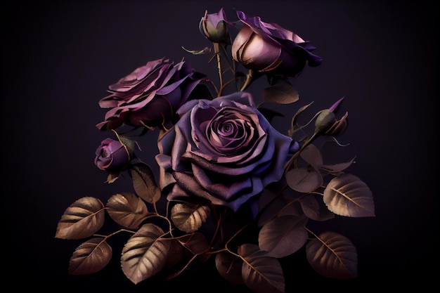 Paarse rozen op een zwarte achtergrond met een plek voor je tekstgeneratieve ai