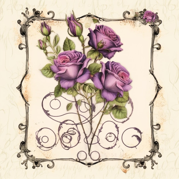 Foto paarse rozen zitten in een lijst met een scroll- en wervelontwerp generatieve ai