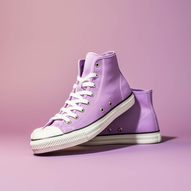 Paarse sneakers op een roze achtergrond Minimal fashion concept