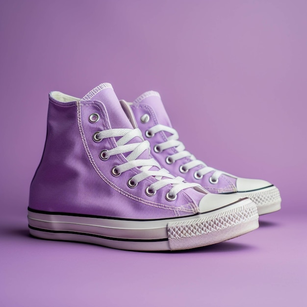 Paarse sneakers op een roze achtergrond Minimalisme modeconcept