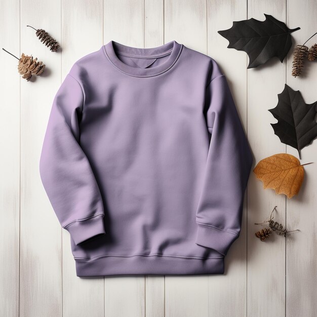 Foto paarse sweatshirt met zwarte en witte bladeren op een witte houten vloer generatieve ai