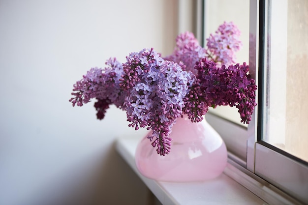 Paarse tak van sering in de roze vaas een delicate en mooie bloem