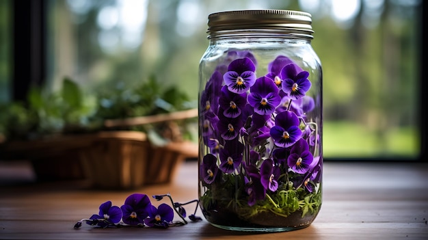 Paarse viola odorata violette bloemhoofdjes in een glas