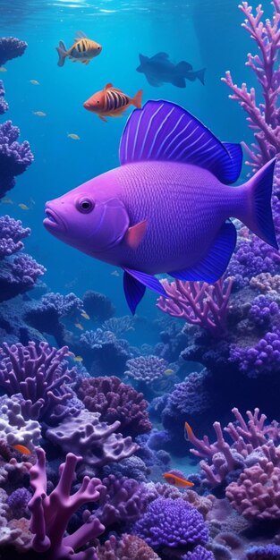 Foto paarse vissen zwemmen tussen koralen in de oceaan.