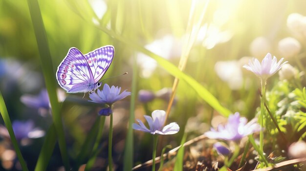 Paarse vlinder op wilde witte viooltjes