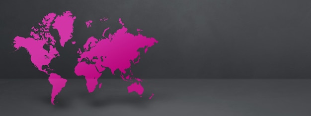 Paarse wereldkaart geïsoleerd op zwarte betonnen muur achtergrond 3D illustratie Horizontale banner