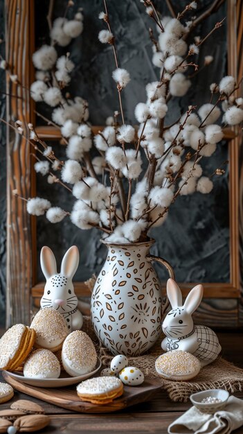 Paas still life met poesje wilgen takken Paaseieren koekjes en keramische konijn AI gegenereerd