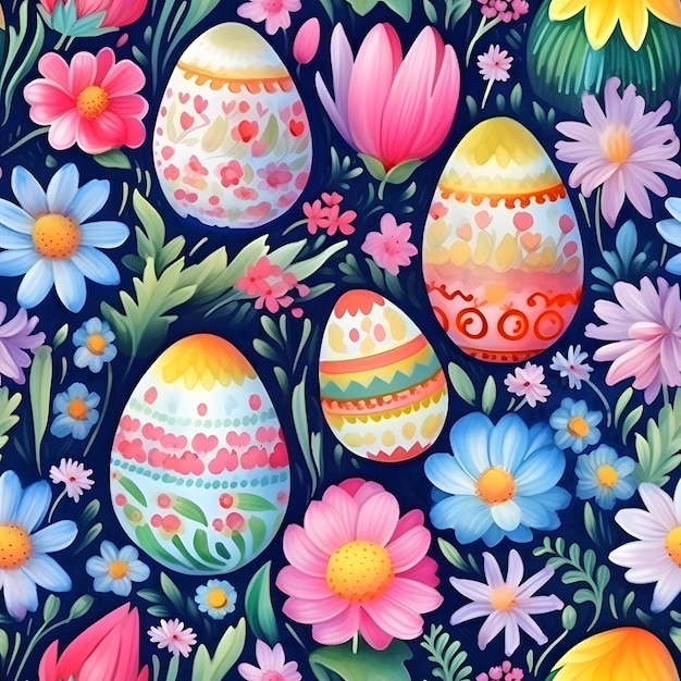 Paas waterverf patroon van paas kleurrijke eieren en lente bloemen wilde bloemen als behang