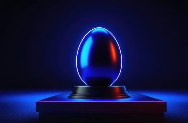 Paasblauw glanzend ei in tech futuristische stijl op het podium Glowing abstracte 3D ei donkerblauwe neon