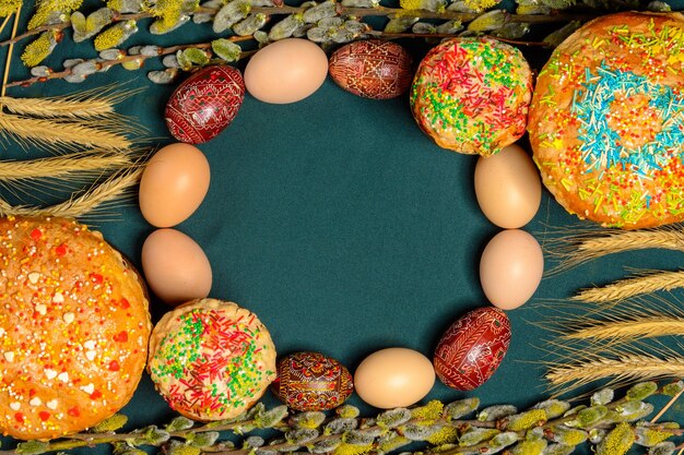 Paasbrood met takken van wilgenpysanka op een zwart-wit blauwe textuur als achtergrond