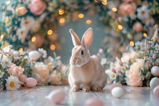 Paascompositie met een schattig konijntje en kleurrijke voorjaarsbloemen.