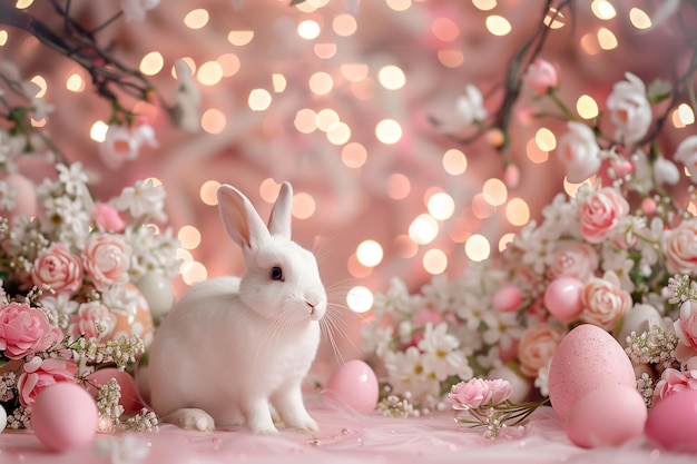 Foto paascompositie met een schattig konijntje en kleurrijke voorjaarsbloemen.