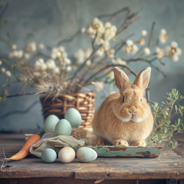 Paascompositie met konijn en eieren
