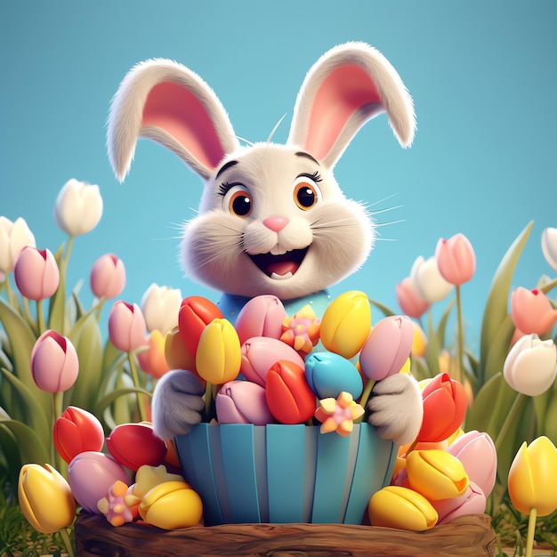 Foto paasdag met cartoon schattig gelukkig konijn met kleurrijk ei of boeket lachen decoratie paas