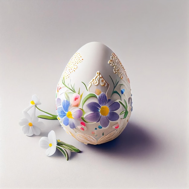 Paasei en bloemen op witte achtergrond Paaseieren decoratie Pained Easter egg bloemdessin