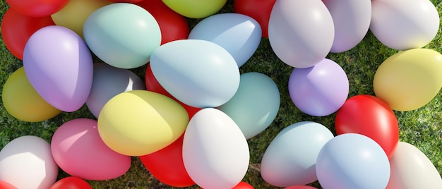 Paasei hoop achtergrond Bovenaanzicht van pastel kleur verf eieren op groen gras 3d render