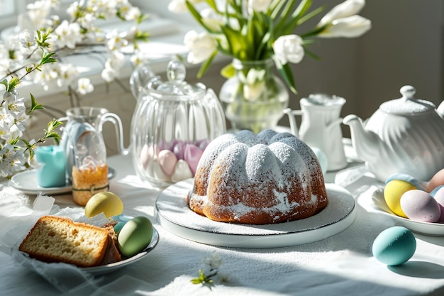 Foto paaseieren en paaskoek op tafel in een helder interieur