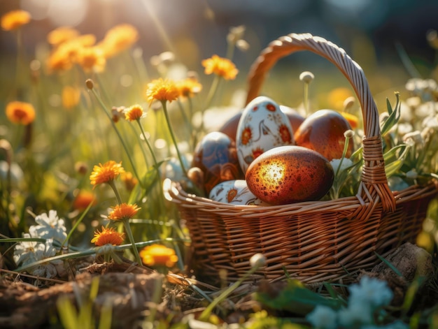 Paaseieren in een korf van vlecht op een bloemrijke lenteweide in de zon kopieer ruimte