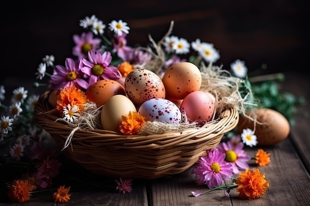 Paaseieren in een mand met bloemen op een houten achtergrond gegenereerd door AI