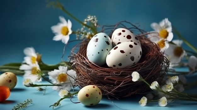 Paaseieren in een nest met bloemen op een blauwe backgroundgenerative ai