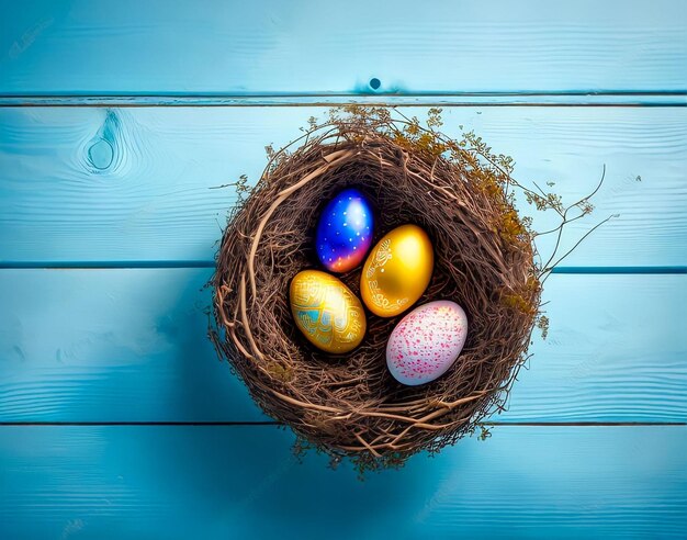 Paaseieren in een nest op een blauwe houten achtergrond