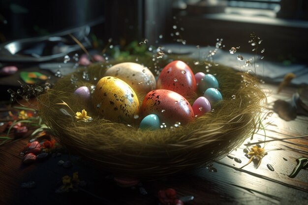 Paaseieren in een nest op een tafel