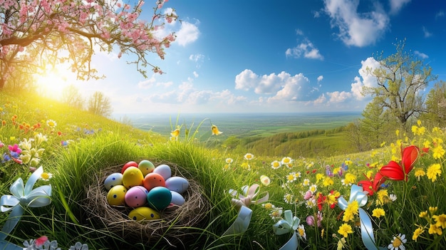 Paaseieren in een nest tussen de bloemen