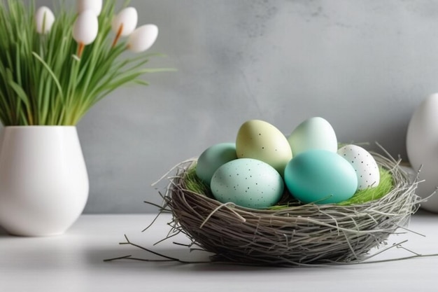 Paaseieren in een rieten mand met Lentebloemen