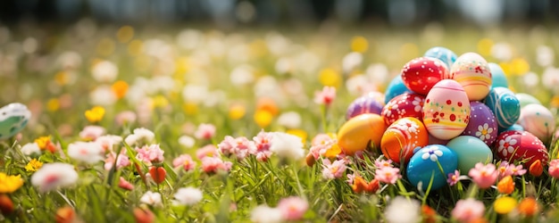 Paaseieren in een veld van bloemen