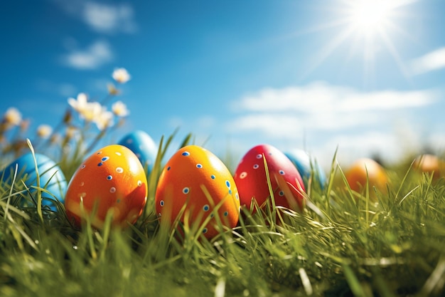 Paaseieren in het gras op een zonnige dag